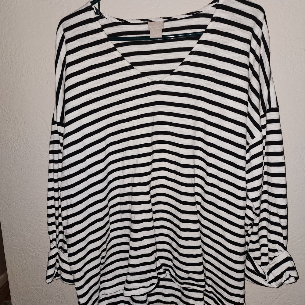 Chico's Black and White Striped Long Sleeve Tee